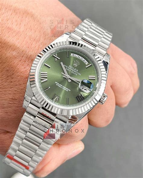 rolex day date white gold green dial|rolex day date retail price.